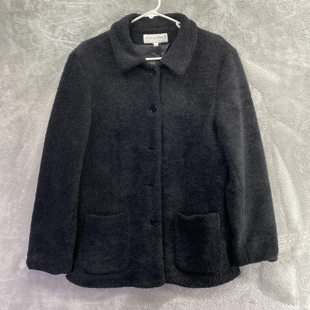 Sandro Black Fleece Button Coat Women's L Faux Fur Cozy Soft